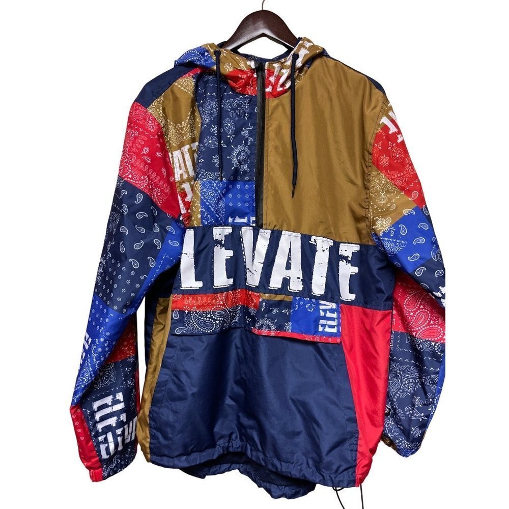 Elevate Mixed Print Spell Out Pull Over 1/2 Zip Hoodie Windbreaker Jacket Men's